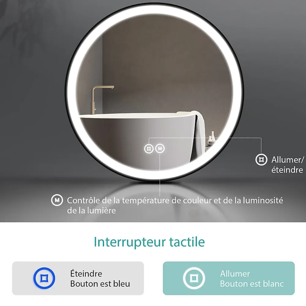 Miroir Lumineux|EMKE Miroir lumineux salle de bain rond 60cm cadre noir, Sangle réglable, Interrupteur Tactile, LED Lumière Froide/Chaude/Neutre
