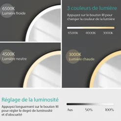 Miroir Lumineux|EMKE Miroir lumineux salle de bain rond 60cm cadre noir, Sangle réglable, Interrupteur Tactile, LED Lumière Froide/Chaude/Neutre