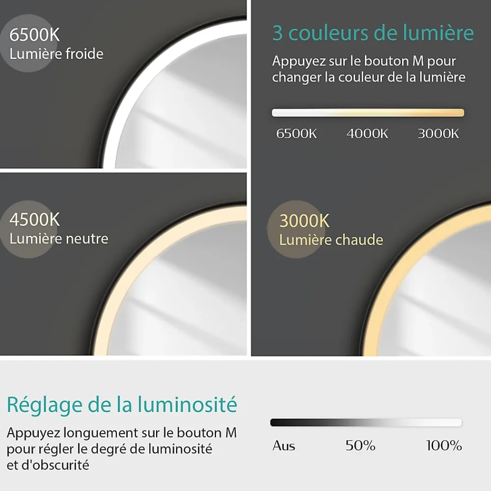 Miroir Lumineux|EMKE Miroir lumineux salle de bain rond 60cm cadre noir, Sangle réglable, Interrupteur Tactile, LED Lumière Froide/Chaude/Neutre