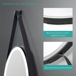Miroir Lumineux|EMKE Miroir lumineux salle de bain rond 60cm cadre noir, Sangle réglable, Interrupteur Tactile, LED Lumière Froide/Chaude/Neutre