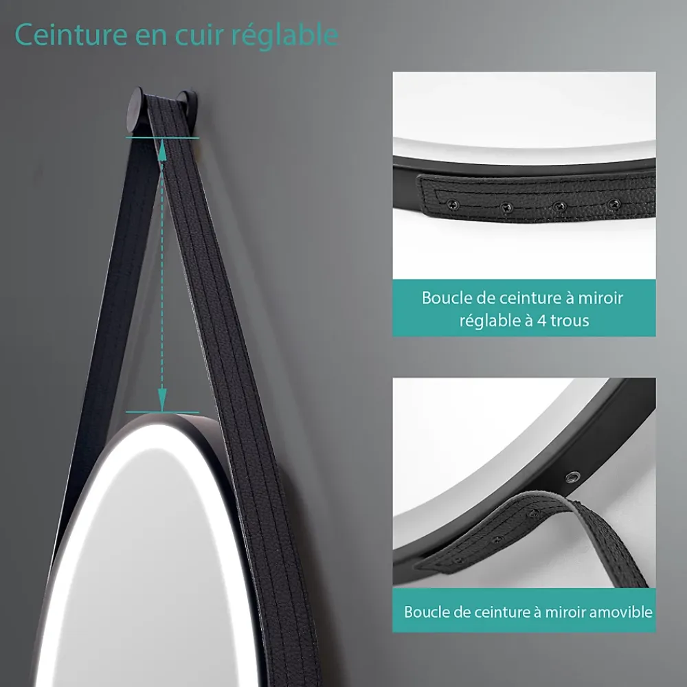 Miroir Lumineux|EMKE Miroir lumineux salle de bain rond 60cm cadre noir, Sangle réglable, Interrupteur Tactile, LED Lumière Froide/Chaude/Neutre