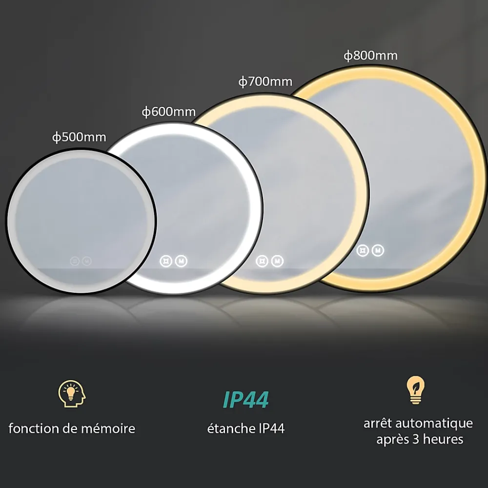 Miroir Lumineux|EMKE Miroir lumineux salle de bain rond 60cm cadre noir, Sangle réglable, Interrupteur Tactile, LED Lumière Froide/Chaude/Neutre