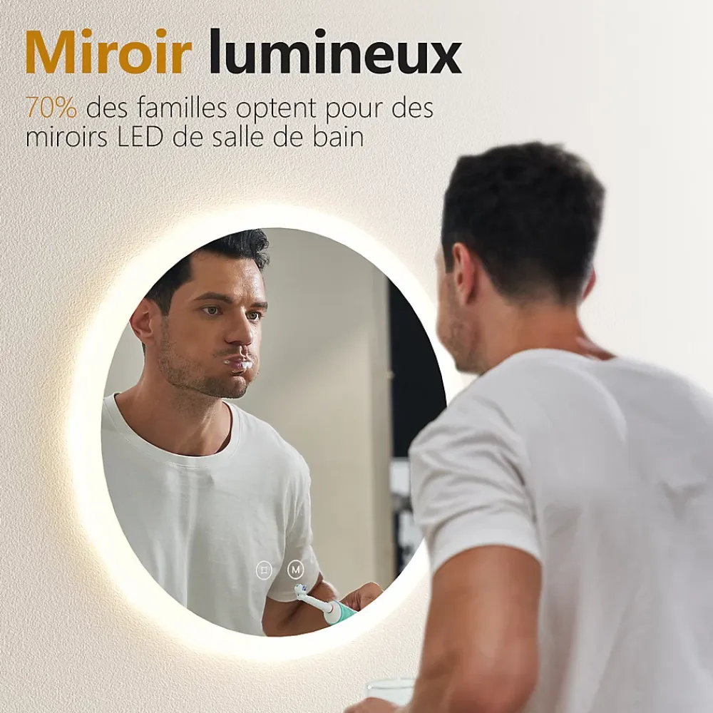 EMKE Miroir lumineux salle de bain rond diamètre 80cm, Miroir LED avec Interrupteur Tactile, Anti-buée, 3 couleurs de Lumières
