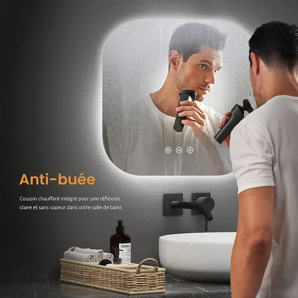 Miroir Lumineux|EMKE Miroir lumineux salle de bain sans cadre 60x60cm , Interrupteur Tactile, Anti-buée, LED Lumière Blanche Froide/Neutre/Chaude