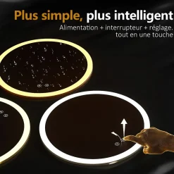 EMKE Miroir lumineux salle de bain rond diamètre 50cm, Miroir LED avec Interrupteur Tactile, Anti-buée, 3 couleurs de Lumières