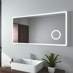 Miroir Lumineux|EMKE Miroir lumineux salle de bain 120x60cm, Miroir LED avec Interrupteur Tactile, 3x Grossissement, Lumière Blanche Froide
