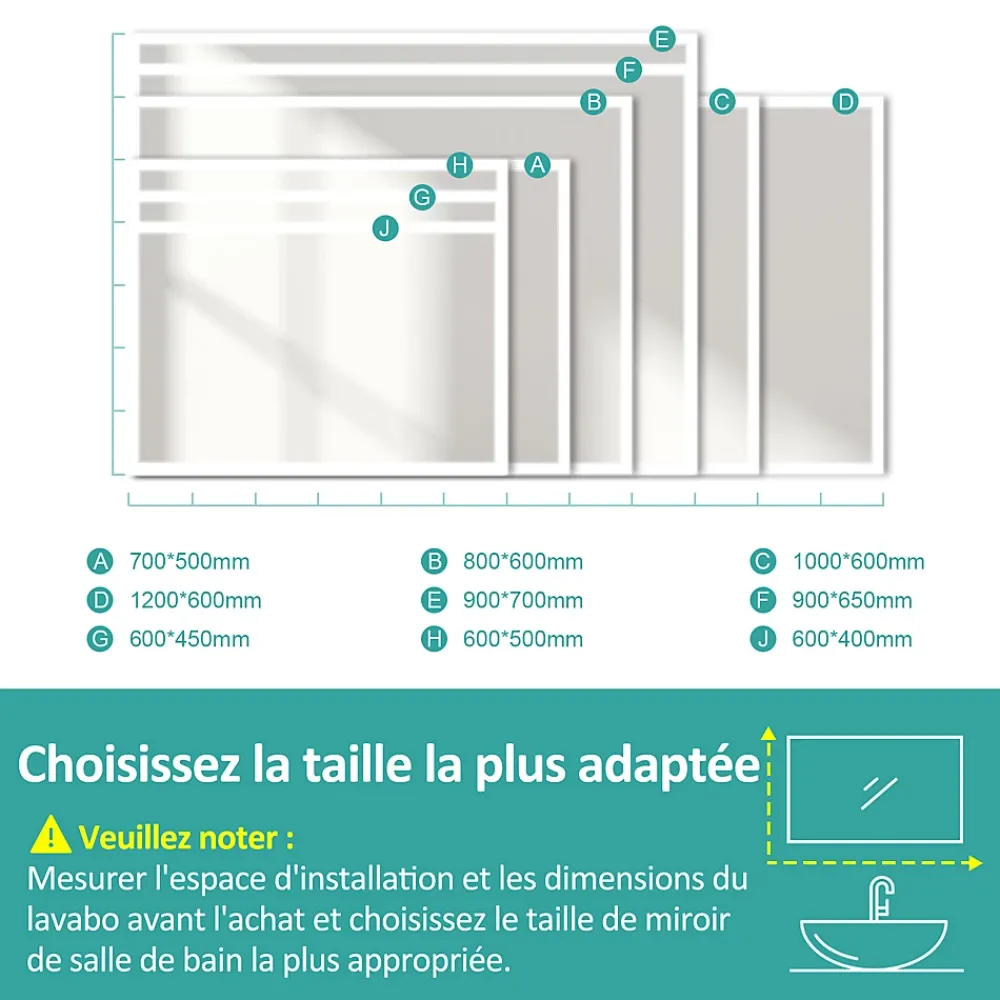EMKE Miroir lumineux salle de bain 70x50cm, Miroir LED avec Interrupteur Tactile, 6500K, Dimmable