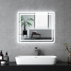 Miroir Lumineux|EMKE Miroir lumineux salle de bain 60x50cm,Miroir LED avec Interrupteur à bouton,Anti-buée,éclairage lumière Blanche Froide/Chaude