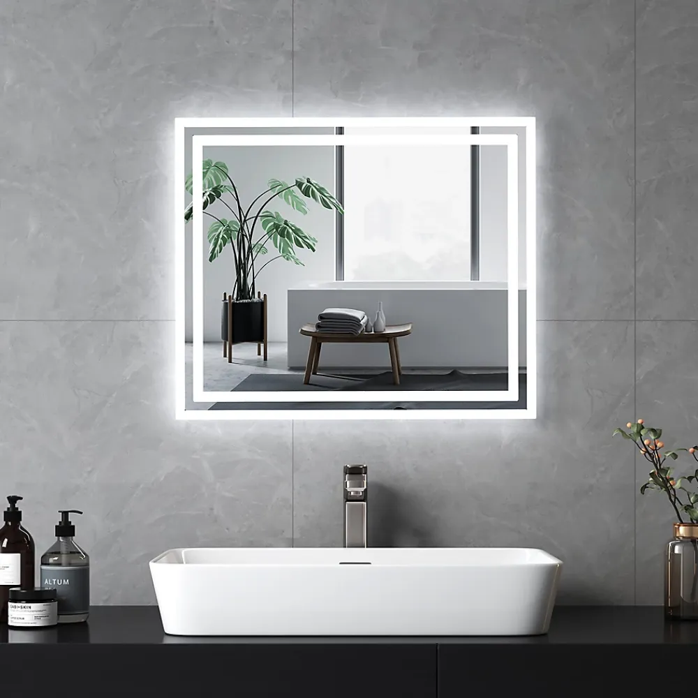 Miroir Lumineux|EMKE Miroir lumineux salle de bain 60x50cm,Miroir LED avec Interrupteur à bouton,Anti-buée,éclairage lumière Blanche Froide/Chaude