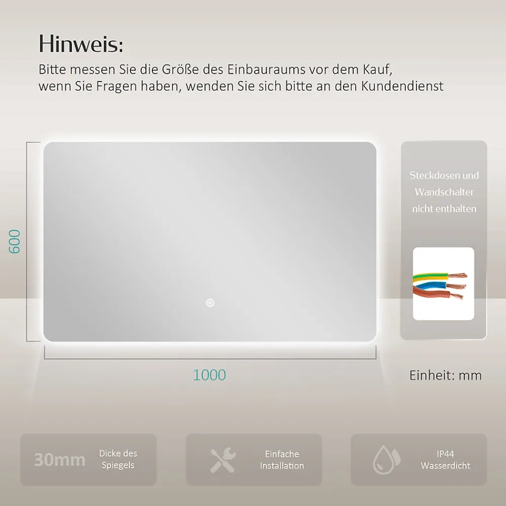 EMKE Miroir lumineux salle de bain Rétro-éclairage 100x60cm, Miroir LED avec Interrupteur Tactile, lumière blanche froide