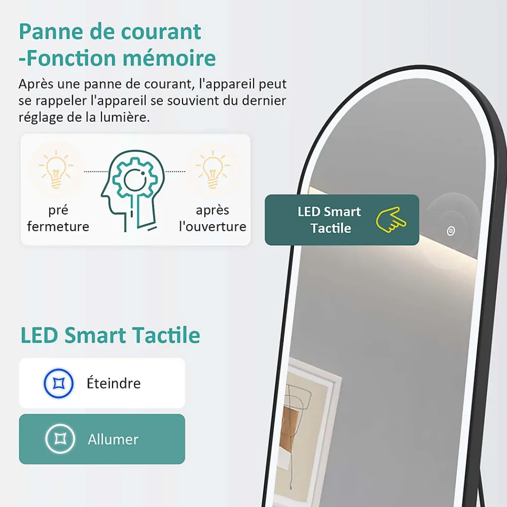 Miroir Lumineux|EMKE Miroir pleine longueur avec éclairage LED, lumière variable, dimmable, 160 x 60 cm, interrupteur tactile, noir