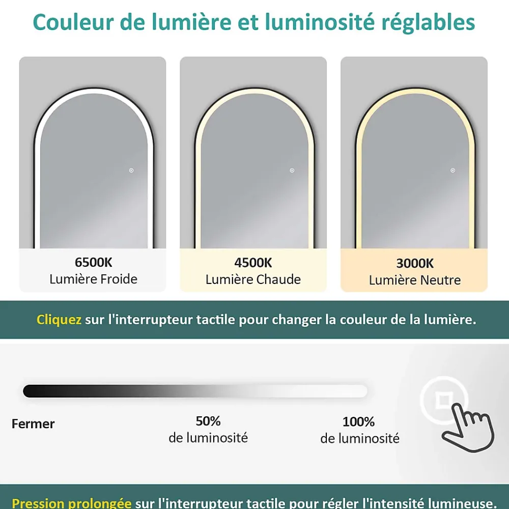 Miroir Lumineux|EMKE Miroir pleine longueur avec éclairage LED, lumière variable, dimmable, 160 x 60 cm, interrupteur tactile, noir
