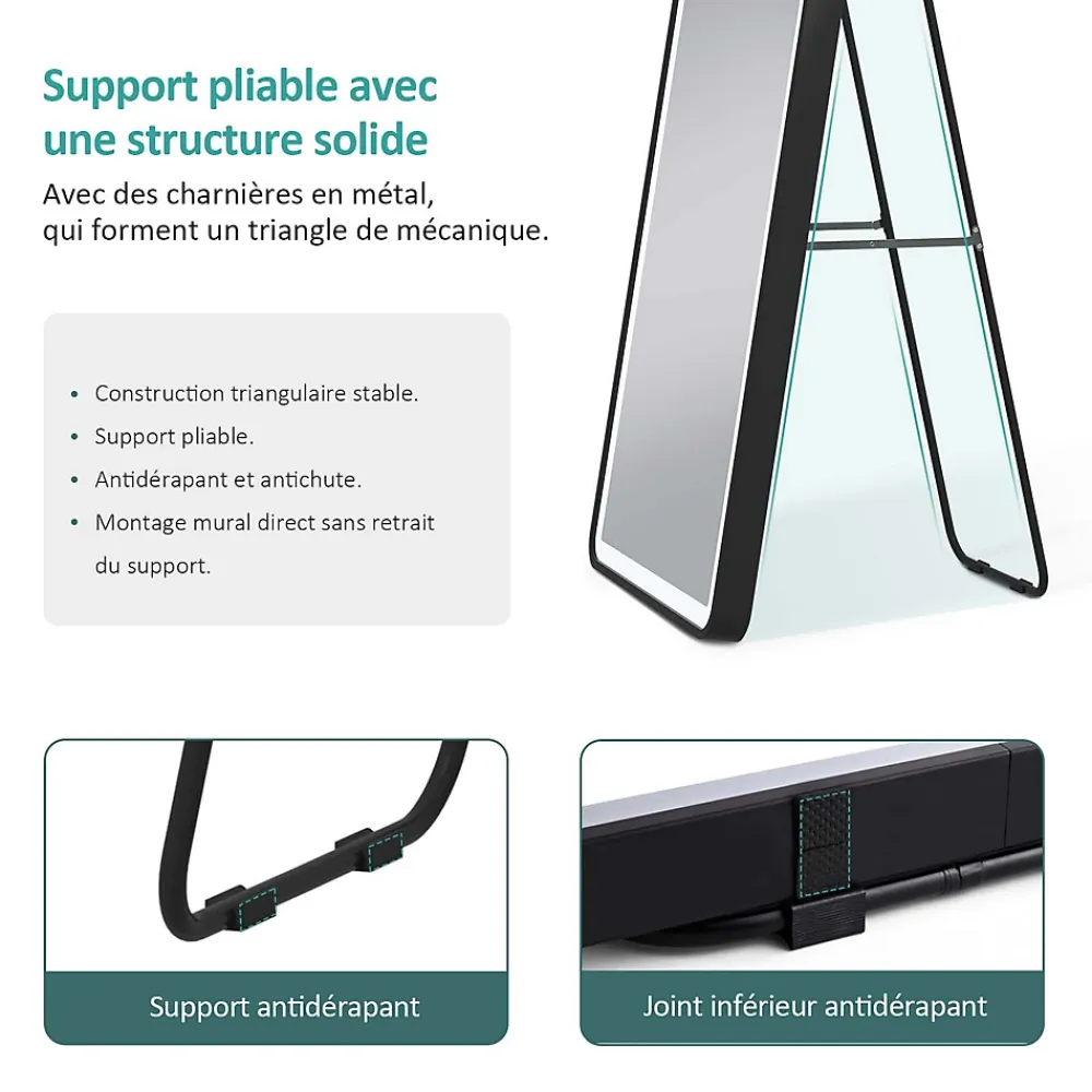Miroir Lumineux|EMKE Miroir pleine longueur avec éclairage LED, lumière variable, dimmable, 160 x 60 cm, interrupteur tactile, noir