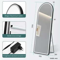 Miroir Lumineux|EMKE Miroir pleine longueur avec éclairage LED, lumière variable, dimmable, 160 x 60 cm, interrupteur tactile, noir