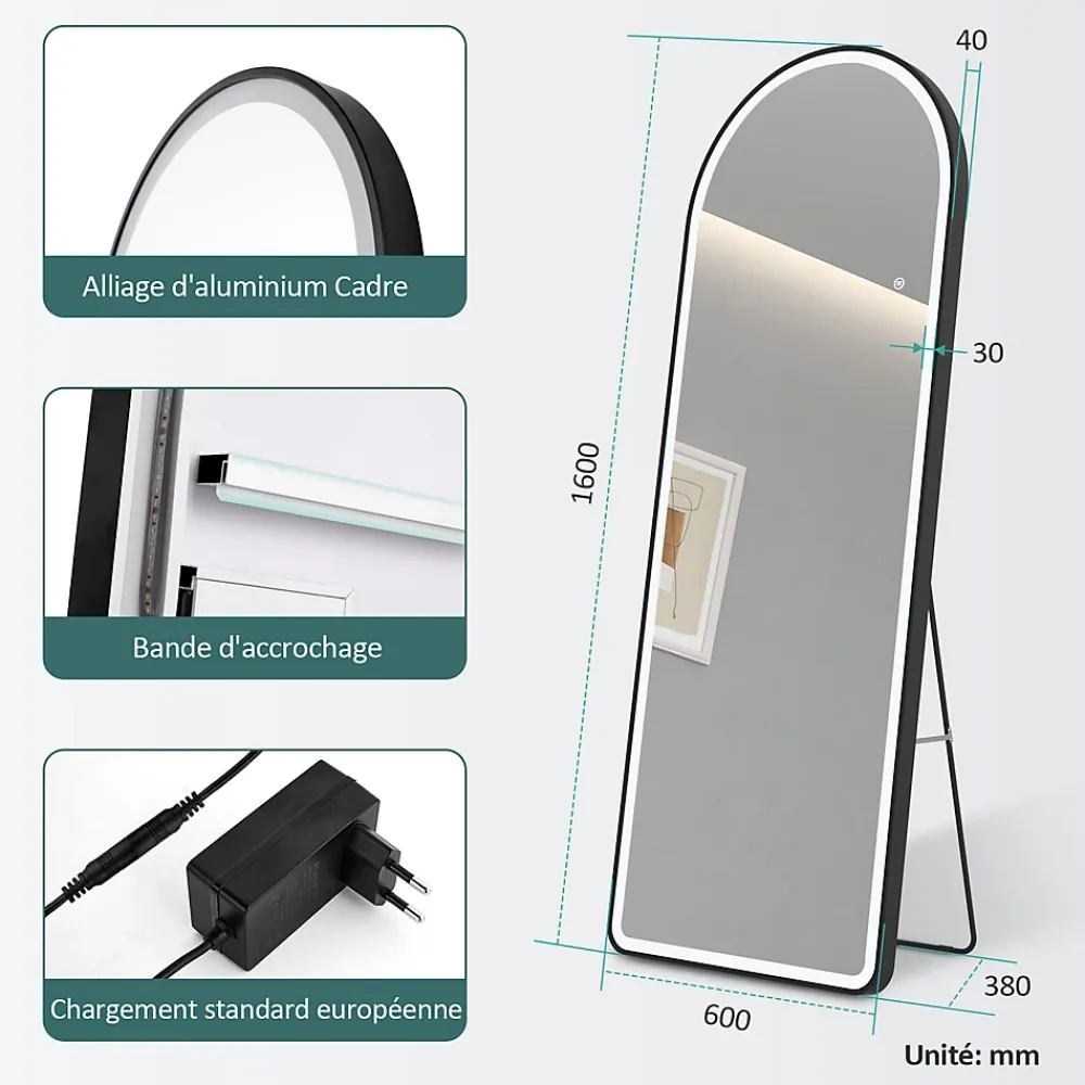 Miroir Lumineux|EMKE Miroir pleine longueur avec éclairage LED, lumière variable, dimmable, 160 x 60 cm, interrupteur tactile, noir