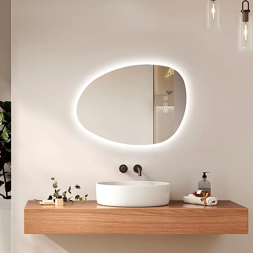 Miroir Lumineux|EMKE Miroir salle de bain avec éclairage, asymétrique, anti-buée, interrupteur tactile, 3 couleurs de lumière réglable, 75 x 55 cm