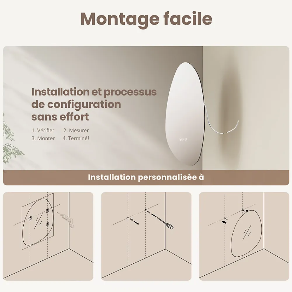 Miroir Lumineux|EMKE Miroir salle de bain avec éclairage, asymétrique, anti-buée, interrupteur tactile, 3 couleurs de lumière réglable, 75 x 55 cm