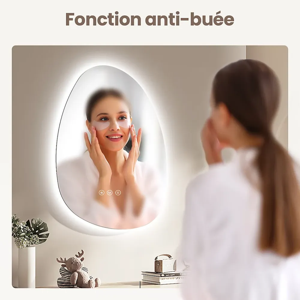 Miroir Lumineux|EMKE Miroir salle de bain avec éclairage, asymétrique, anti-buée, interrupteur tactile, 3 couleurs de lumière réglable, 65 x 45 cm