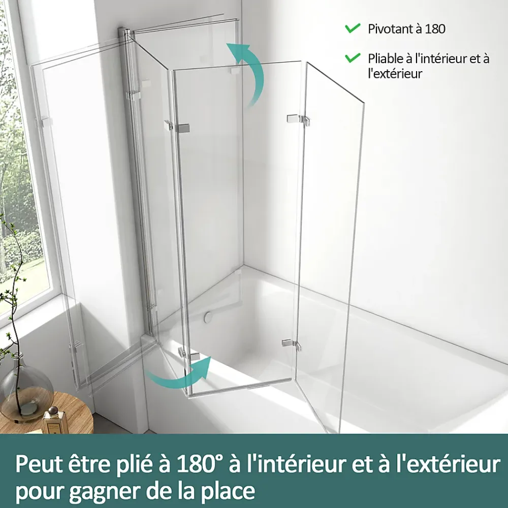 EMKE Pare de baignoire en 6 mm verre securit Paroi de douche pliable pour baignoire, 130x140cm,Revêtement Nano facile à nettoyer