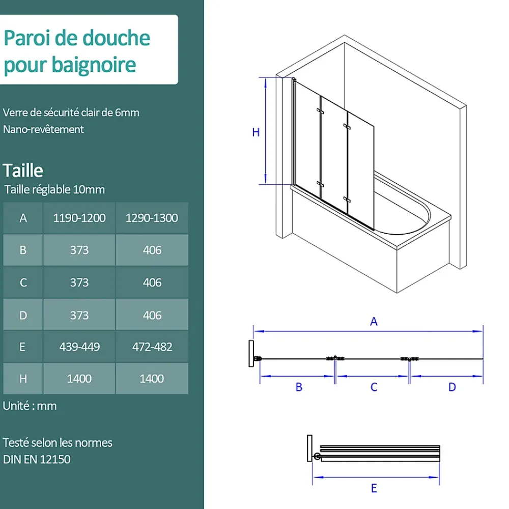 EMKE Pare de baignoire en 6 mm verre securit Paroi de douche pliable pour baignoire, 130x140cm,Revêtement Nano facile à nettoyer
