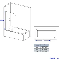 EMKE Pare de baignoire en 6 mm verre securit Paroi de douche pour baignoire 70 x 140 cm Revêtement Nano facile à nettoyer