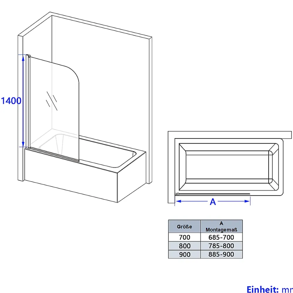 EMKE Pare de baignoire en 6 mm verre securit Paroi de douche pour baignoire 70 x 140 cm Revêtement Nano facile à nettoyer