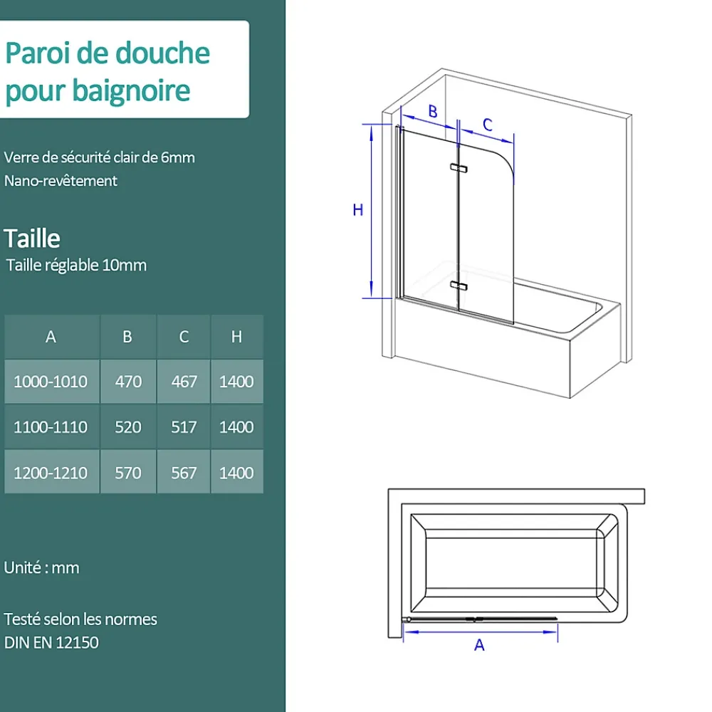 Pare-Baignoire|EMKE Pare de baignoire en 6 mm verre securit Paroi de douche pliable pour baignoire Revêtement Nano facile à nettoyer 100 x 140 cm