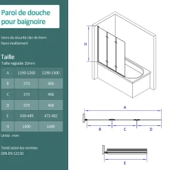 Pare-Baignoire|EMKE Pare de baignoire en 6 mm verre securit Paroi de douche pliable pour baignoire, 120x140cm,Revêtement Nano facile à nettoyer