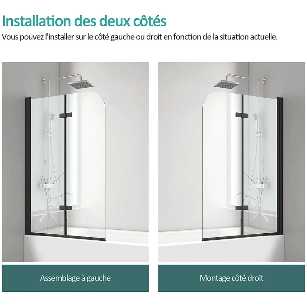 EMKE Pare-baignoire paroi de douche pour baignoire noir mat 2 parties pliable 100x140cm pare-baignoire 6mm NANO GLASS