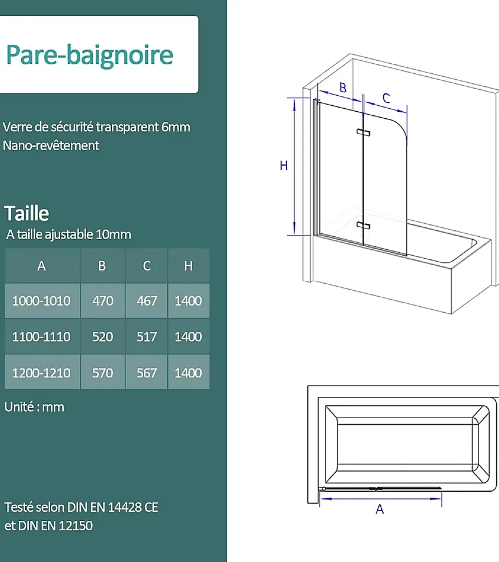 EMKE Pare-baignoire paroi de douche pour baignoire noir mat 2 parties pliable 100x140cm pare-baignoire 6mm NANO GLASS