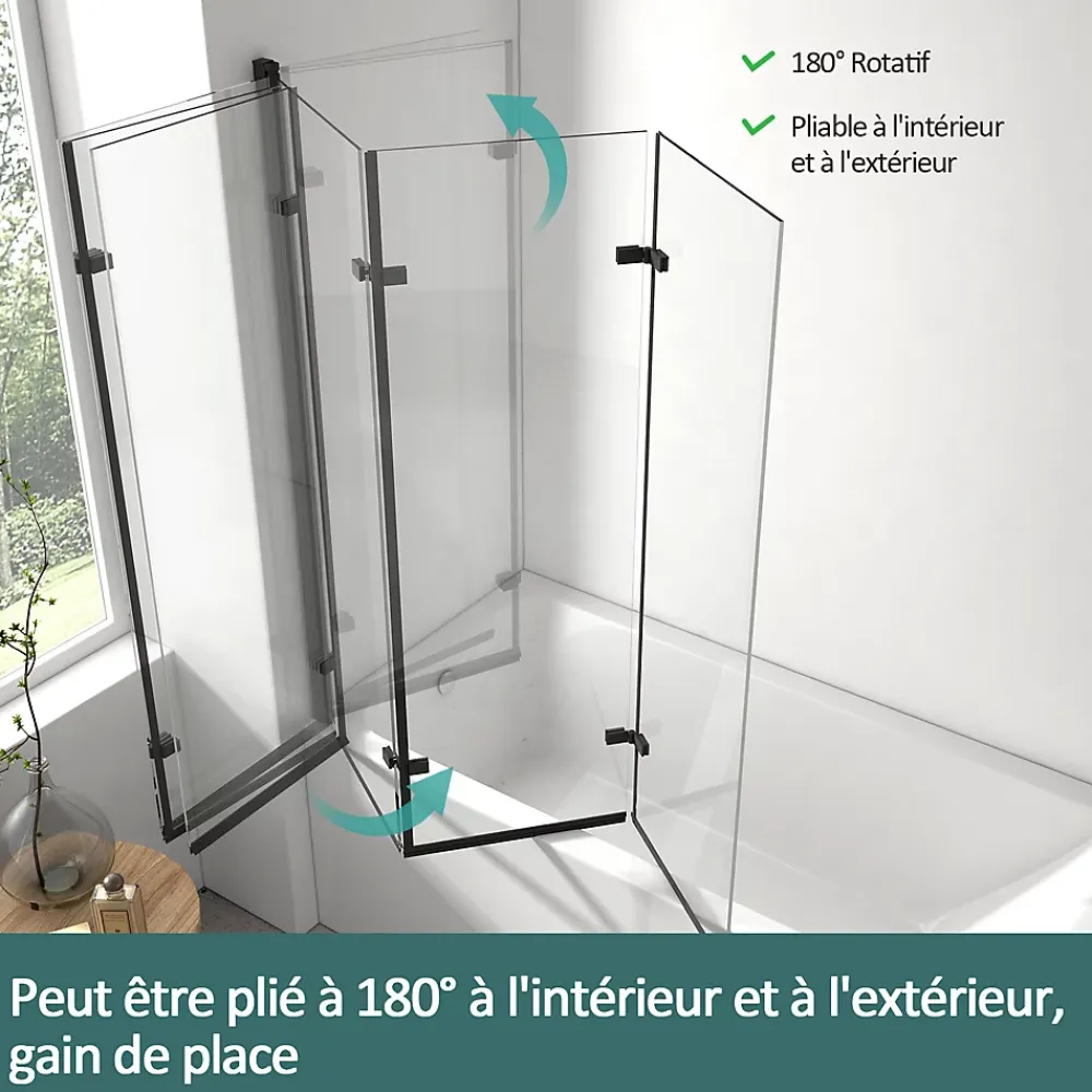 Pare-Baignoire|EMKE Pare-baignoire paroi de douche pour baignoire noir mat 3 parties pliable 130x140cm pare-baignoire 6mm NANO GLASS