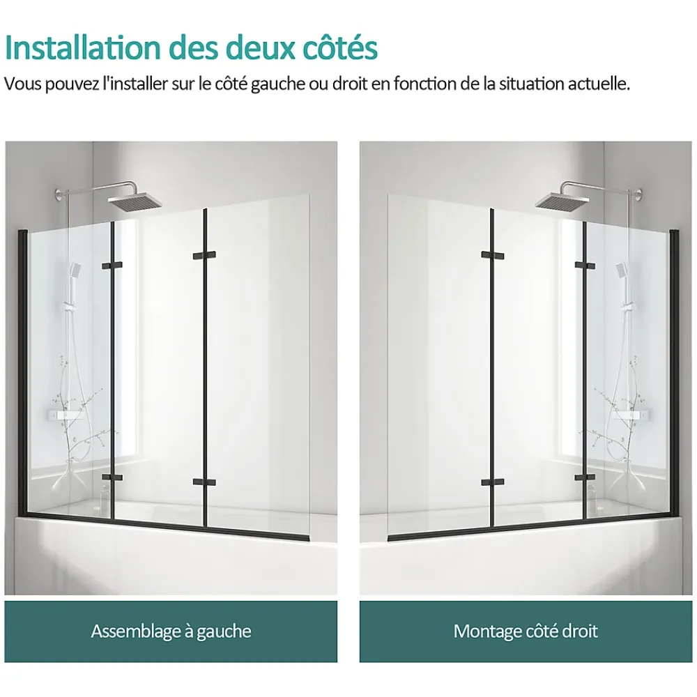 Pare-Baignoire|EMKE Pare-baignoire paroi de douche pour baignoire noir mat 3 parties pliable 130x140cm pare-baignoire 6mm NANO GLASS