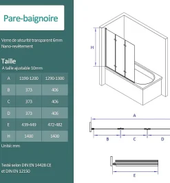 Pare-Baignoire|EMKE Pare-baignoire paroi de douche pour baignoire noir mat 3 parties pliable 130x140cm pare-baignoire 6mm NANO GLASS