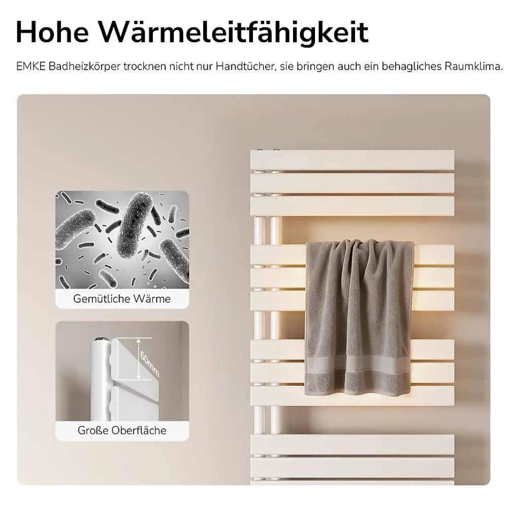 EMKE Radiateur Sèche-Serviettes à Eau Chaude Flat Panel - Blanc Brillant 132x60 cm - 798W
