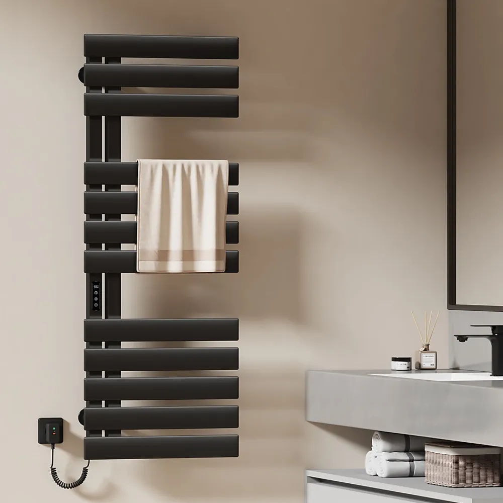 Sèche-Serviettes Électrique|EMKE Radiateur sèche-serviettes électrique salle de bain avec thermostat, panneau chauffant, minuterie, 130x50 cm, 450W, noir mat