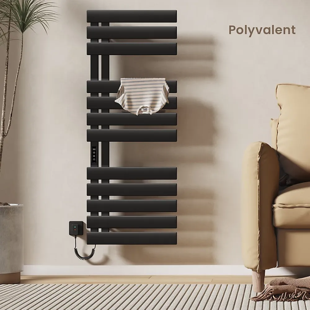 Sèche-Serviettes Électrique|EMKE Radiateur sèche-serviettes électrique salle de bain avec thermostat, panneau chauffant, minuterie, 130x50 cm, 450W, noir mat