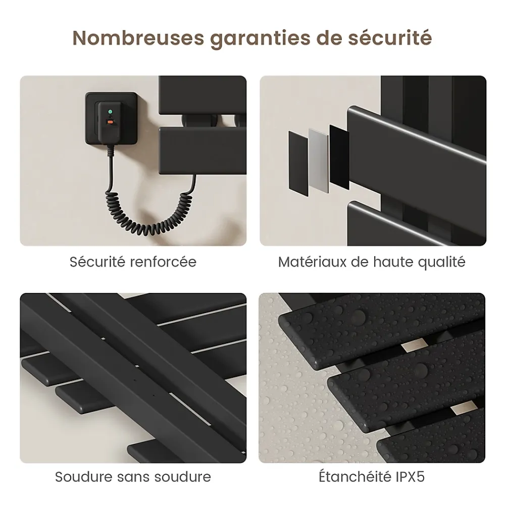 Sèche-Serviettes Électrique|EMKE Radiateur sèche-serviettes électrique salle de bain avec thermostat, panneau chauffant, minuterie, 130x50 cm, 450W, noir mat