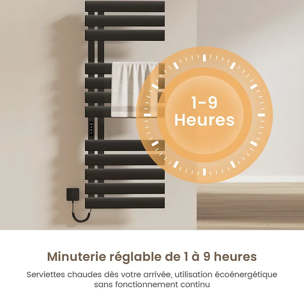 Sèche-Serviettes Électrique|EMKE Radiateur sèche-serviettes électrique salle de bain avec thermostat, panneau chauffant, minuterie, 130x50 cm, 450W, noir mat