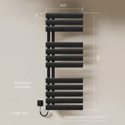 Sèche-Serviettes Électrique|EMKE Radiateur sèche-serviettes électrique salle de bain avec thermostat, panneau chauffant, minuterie, 130x50 cm, 450W, noir mat