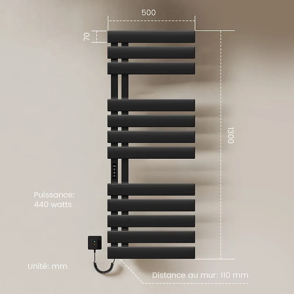 Sèche-Serviettes Électrique|EMKE Radiateur sèche-serviettes électrique salle de bain avec thermostat, panneau chauffant, minuterie, 130x50 cm, 450W, noir mat