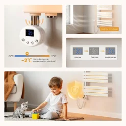 EMKE Radiateur Sèche-Serviettes Électrique 1599x600 mm, Blanc 1000W, WiFi, Modes Intelligents, Détection Fenêtre