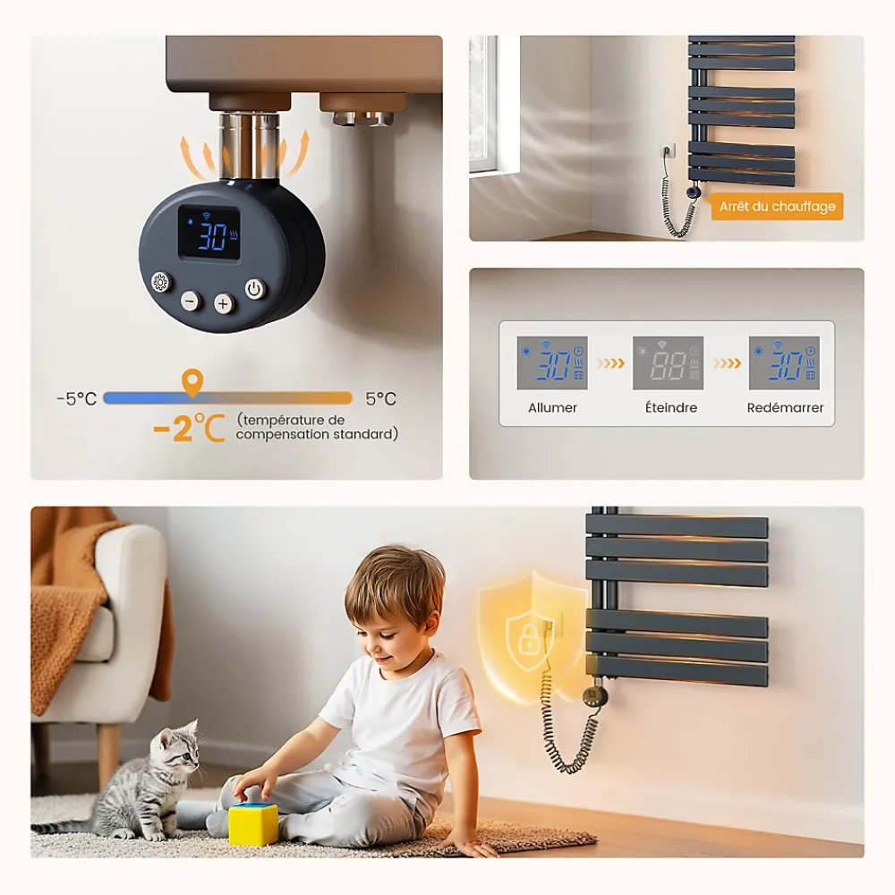 Sèche-Serviettes Électrique|EMKE Radiateur Sèche-Serviettes Électrique 1599x400 mm, Gris Anthracite 800W, WiFi, Modes Intelligents, IPX4