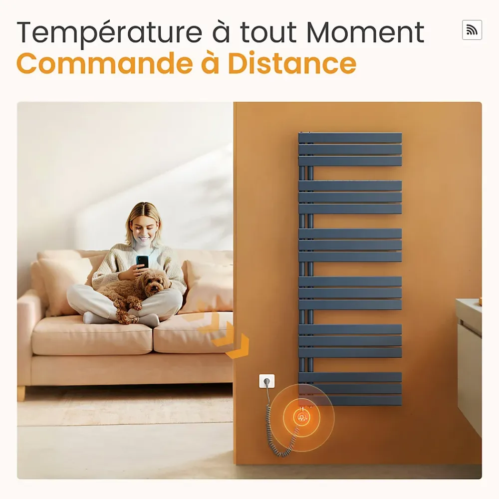 EMKE Radiateur Sèche-Serviettes Électrique 1320x500 mm, Gris Anthracite 800W, WiFi, Modes Intelligents, IPX4