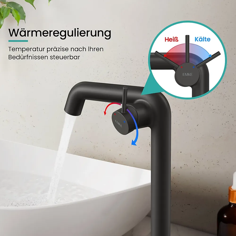 EMKE Robinet de Salle de Bain Noir Mat, 332 x 220 x 76 mm, Laiton, Cartouche Céramique, Mitigeur pour Lavabo, Installation Facile