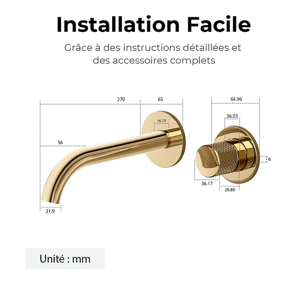 Robinet Lavabo Et Vasque|EMKE Robinet de Salle de Bain Modulaire,281x140x65mm,Corps en Laiton, Or Champagne,Mitigeur de lavabo mural,Cartouche en Céramique