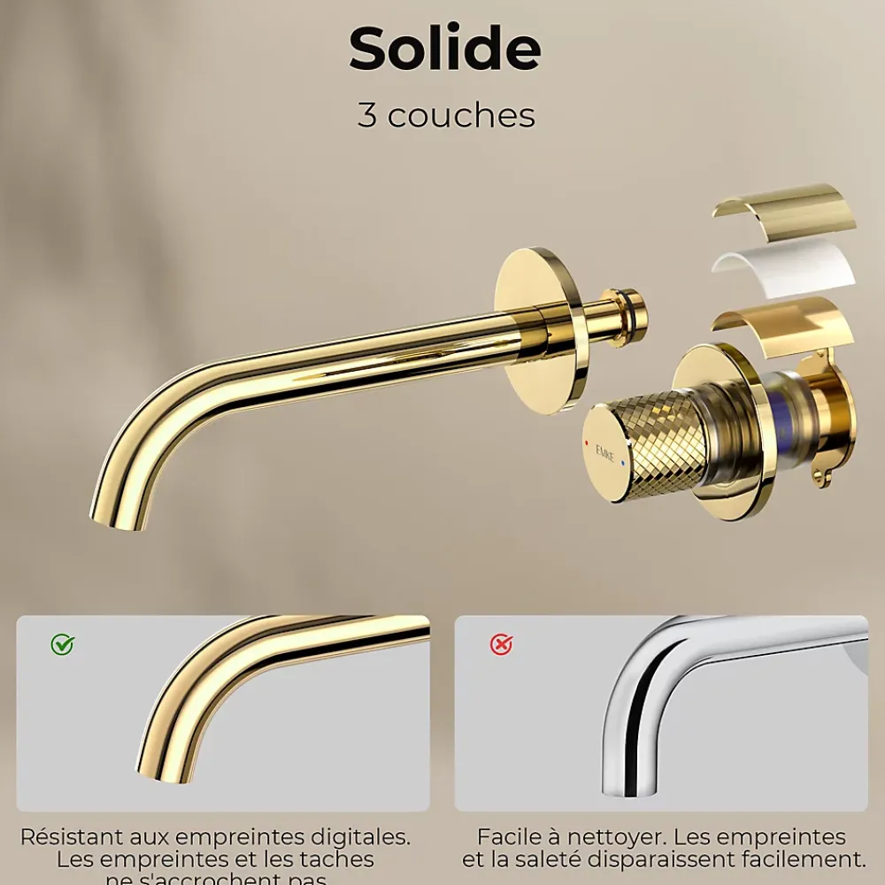 Robinet Lavabo Et Vasque|EMKE Robinet de Salle de Bain Modulaire,281x140x65mm,Corps en Laiton, Or Champagne,Mitigeur de lavabo mural,Cartouche en Céramique