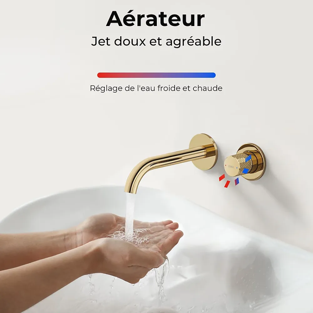 Robinet Lavabo Et Vasque|EMKE Robinet de Salle de Bain Modulaire,281x140x65mm,Corps en Laiton, Or Champagne,Mitigeur de lavabo mural,Cartouche en Céramique