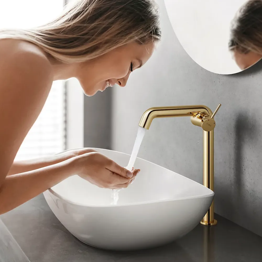 EMKE Robinet de Salle de Bain Or Champagne, 332x220x76 mm, Laiton, Cartouche Céramique, Mitigeur de Lavabo, Installation Facile