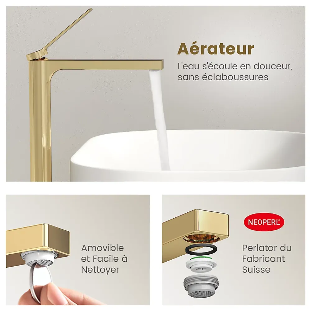 EMKE Robinet Lavabo Salle de Bain 335x233x46 mm Or Champagne, Mitigeur en Cuivre, Robinet de Cuisine , Cartouche Céramique
