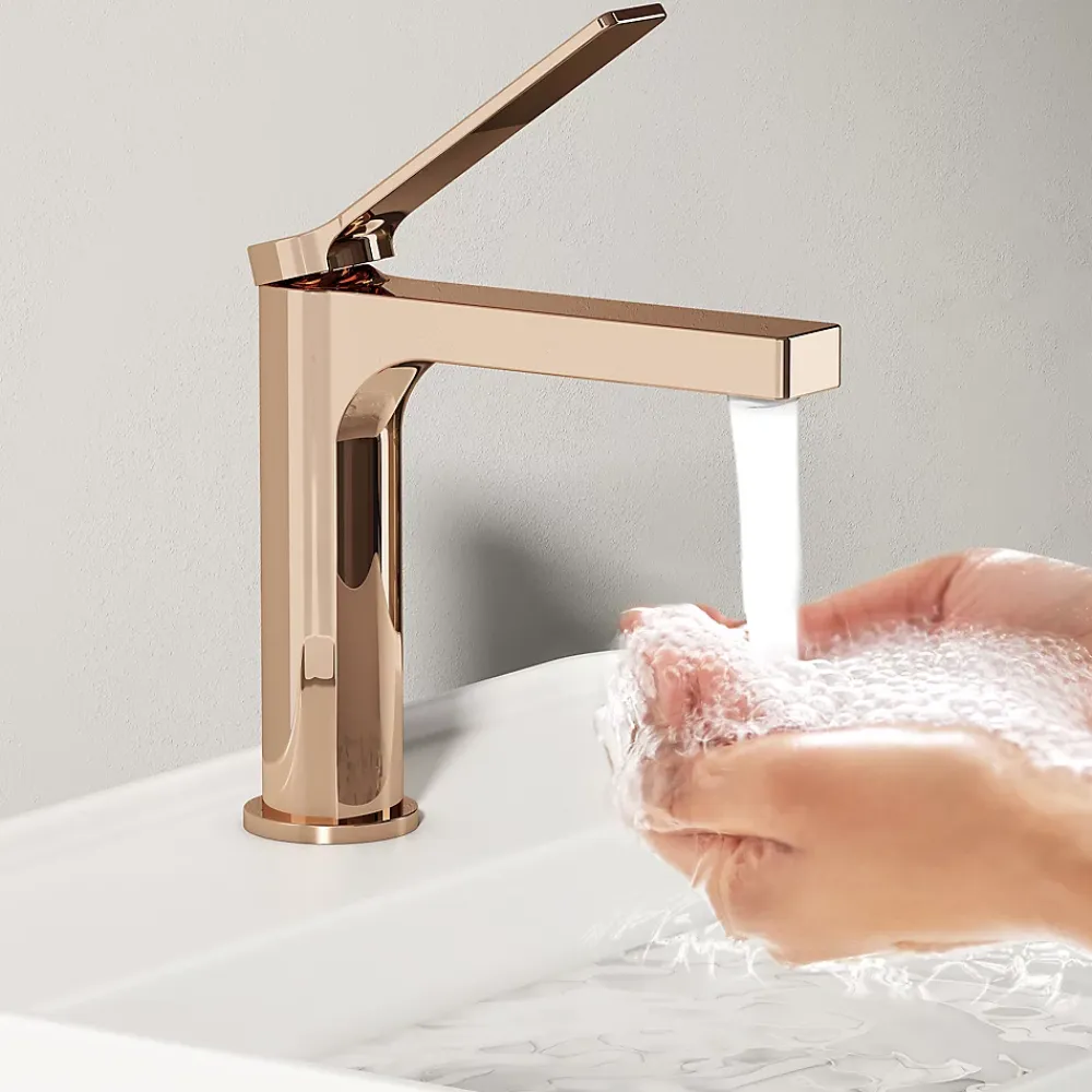 EMKE Robinet Salle de Bain Or Rose, 195x173x46 mm, Cartouche Céramique, Cuivre, Mitigeur de lavabo, Connexion 90 mm